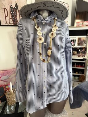 Banana Republic Blue and White Striped Button-Up Blouse elephant print